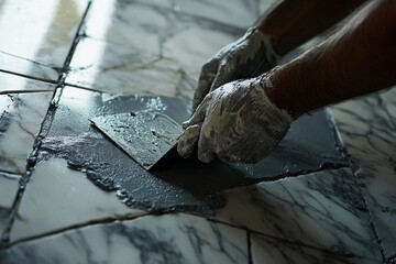 Worker using a trowel to apply grout between marble tiles