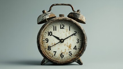 Vintage clock. Old metal, rusted, weathered, with an aged face and bell on top