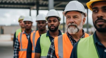 Close-up of construction workers wearing hard hats and safety vests, showcasing teamwork and professionalism in a construction site, symbolizing industry, expertise, and collaboration