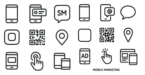 Mobile marketing line icons set – linear, outline, communication symbols