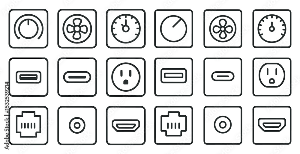 Aufkleber technical interface outline icons set – linear, silhouette, control and device symbols