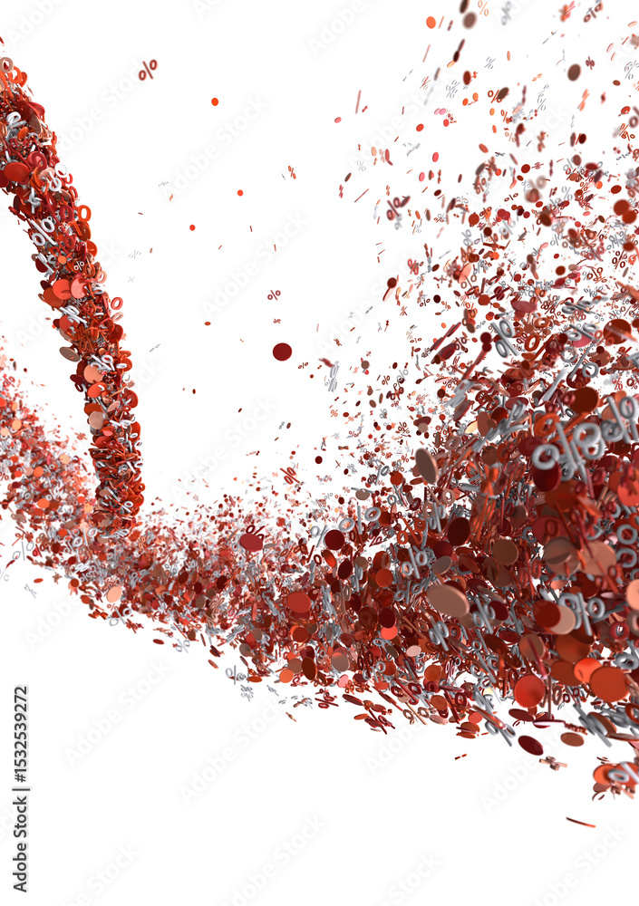Poster abstract 3d render of exploding red percentage symbols. ideal for finance, sales, discounts.