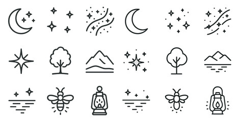 Nature and outdoor line icons set – outline, linear, adventure and exploration symbols