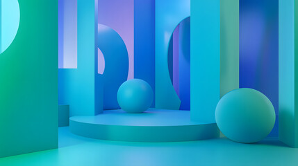 3d rendering of blue and green abstract geometric background. Scene for advertising, technology, showcase, banner, game, sport, cosmetic, business, metaverse. Sci-Fi Illustration. Product display