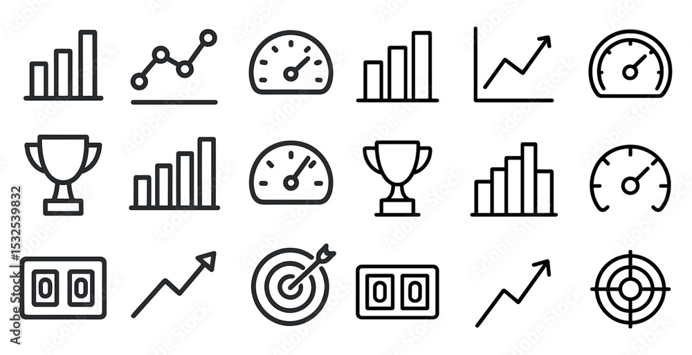 Poster performance and analytics outline icons set – linear, metric, dashboard visuals
