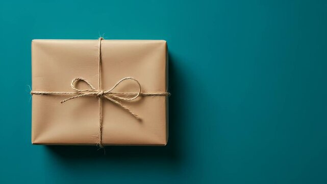 Single Brown Paper Wrapped Gift Tied with Gold String on Teal Background in a Flat Lay Studio Shot