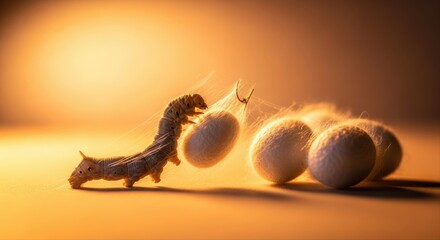 Obraz premium Silkworm actively spinning a silk cocoon with other cocoons in a warm studio light