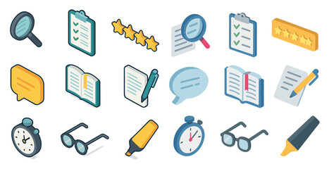 Business and office isometric icons set – planning, task management, work tools