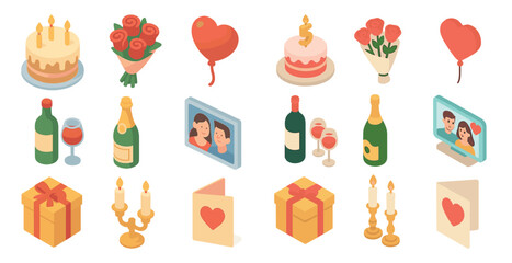 Fototapeta premium Romantic isometric icons set – love, celebration, valentine-themed graphics