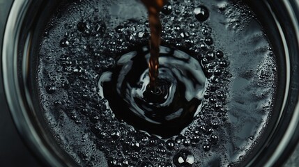 Pouring Black Coffee, A close-up, top-down view of dark coffee being poured into a black mug, creating ripples and bubbles on the surface of the rich, black liquid