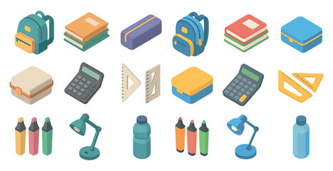 School supplies isometric icons set – books, backpacks, educational tools