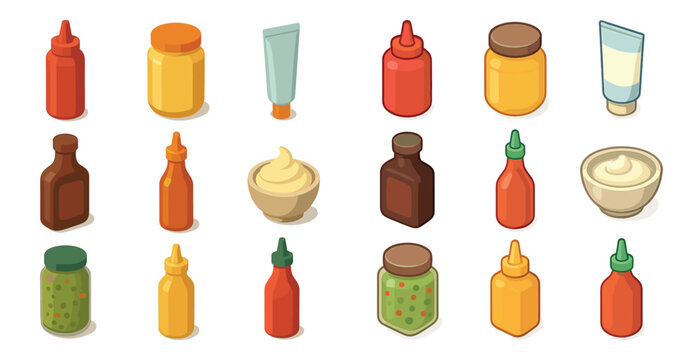 Condiments isometric icons set – food, sauce bottles and packaging design symbols