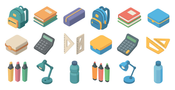 School supplies isometric icons set – books, backpacks, educational tools