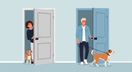 Fototapeta premium Flat Vector Illustration of Two People with Dogs at Adjacent Doorways