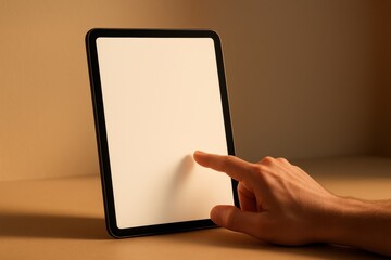 Person interacts with modern tablet device with blank screen