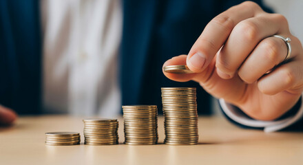 Close-up of hand placing coin onto growing stacks of coins, symbolizing financial growth, savings, and investment