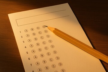 Multiple choice answer sheet with pencil wooden surface