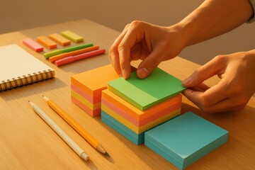 Colorful sticky notes stacked wooden desk with writing tools