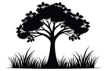 Silhouette of a Tree with Leaves and Grass Vector Graphic Illustration