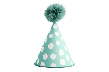 A green and white polka dot party hat with a fluffy pom-pom, isolated on a clear background, in a clipart style, PNG format