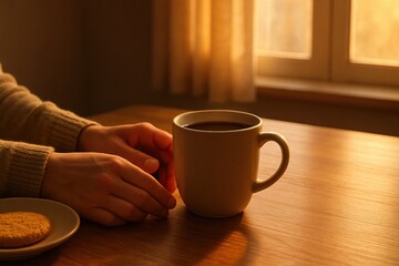Person holding coffee mug wooden table near window with warm