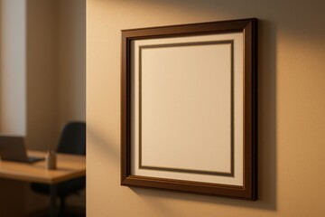 Blank picture frame hanging wall office setting with warm lighting