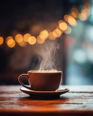 Obraz premium Steaming Coffee Cup on Wooden Table