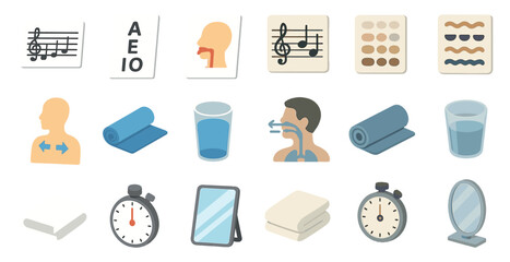 Speech therapy flat icons set – vocal training, pronunciation, rehabilitation tools