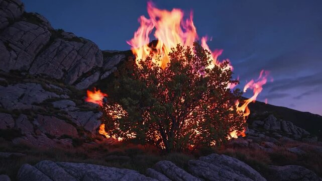 Fiery bush burning on rocky mountain at dusk, mystical atmosphere with vibrant flame and dramatic sky, nature power