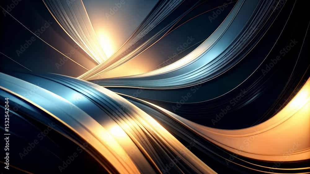 Poster dynamic flowing bands create an abstract elegant metallic surface with glowing highlights, modern de