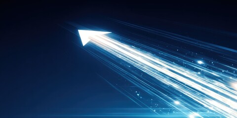 Futuristic Blue Abstract Background with Glowing Arrow-Shaped Light: Vertical Luminous Line Rising from Bottom to Top. Holographic Effect, Gradient Purple Shadows, and White Triangle Outlines for Tech