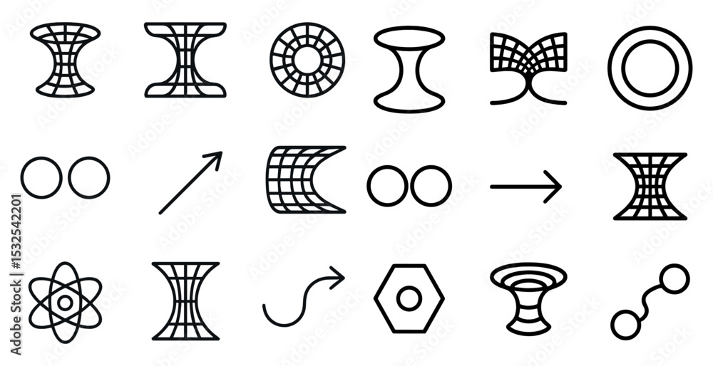 Poster abstract science and mathematics outline icons set - linear, geometric, physics symbols