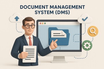 Digital illustration of businessman pointing computer screen