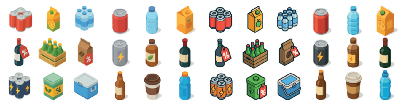 Beverage and packaging icons set &ndash; isometric, filled, drinks and containers symbols