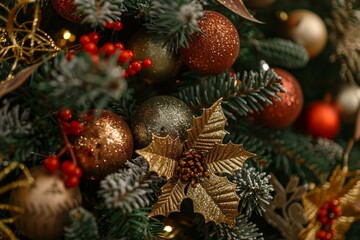 Close up of balls on christmas tree. Bokeh garlands in the background. New Year concept. Neural network ai generated