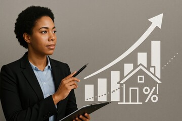 Woman business attire presenting growth chart with house