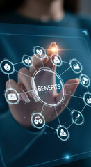 Hand interacts with digital interface, showcasing interconnected benefits icons, representing company advantages, employee perks, or consumer value proposition