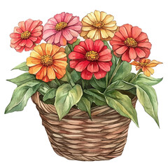 A Zinnia Flower Basket, watercolor painting vector, isolated on a white background.