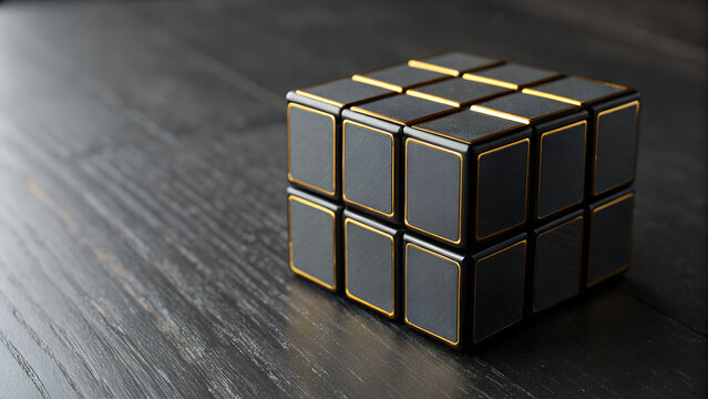 Elegant Black and Gold Puzzle Cube on Dark Wood Surface