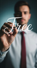 Blurred businessman writing "Free" on glass, symbolizing opportunity, accessibility, or cost-free access to services or products Free space for text