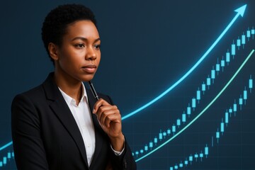 Confident businesswoman formal attire looks thoughtful while