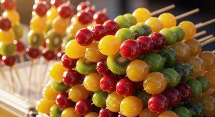A close up of many vibrant and glossy tanghulu candied fruit skewers with red yellow and green fruits