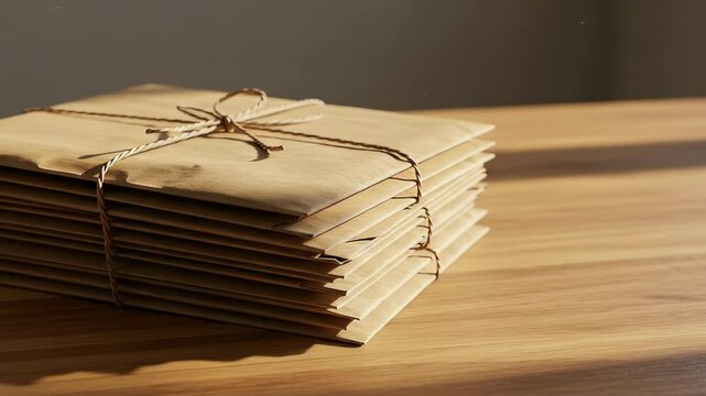 Stack of Brown Paper Envelopes Tied With String on Wooden Table in Warm Sunlight Letter and Correspondence