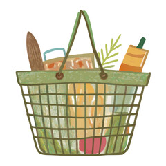 Colored shopping basket full of groceries including bread, milk and greens, illustrated in soft drawing style. supermarket flyer, eco bag concept, recipe card illustration