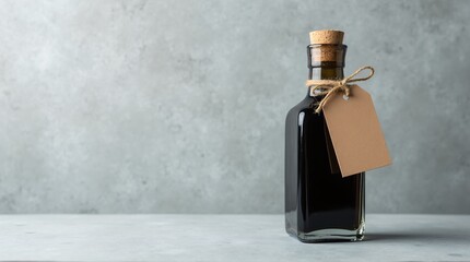 Dark Liquor Still Life: A vintage glass bottle with dark liquor is elegantly presented, sealed with a cork stopper and adorned with a rustic tag, against a neutral backdrop.