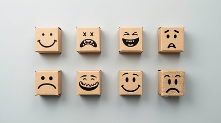 Emotions on Display: An array of cardboard boxes each depicts a unique and expressive emotion, offering a visual exploration of human feelings and states of mind.