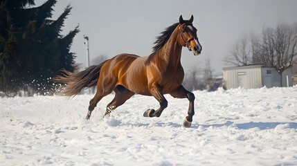 A chestnut horse runs across a snowy field.