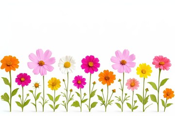 Fototapeta premium Colorful Cartoon Flowers in a Row Isolated on White Background