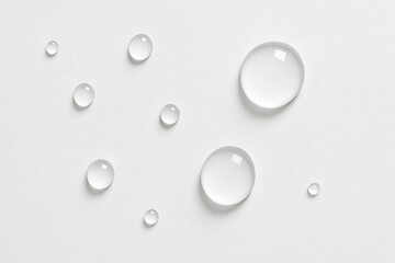 Clear water droplets on white surface in minimal composition