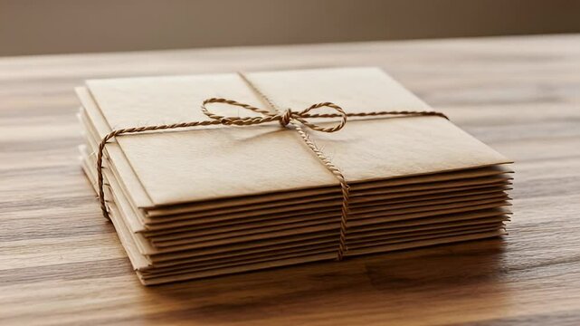 Stack of Light Brown Paper Envelopes Tied with String on a Wood Table in Neutral Tones with Soft Lighting for Correspondence and Communications